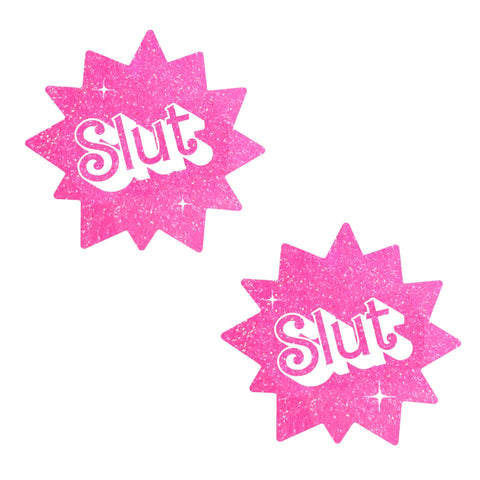 Barbie Babe Sassy Slut UV Pink Glitter Nipple Cover Pasties