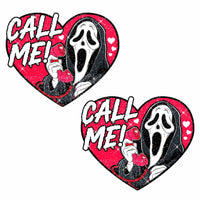Red glitter heart nipple pasties with a slasher phone call design for Halloween