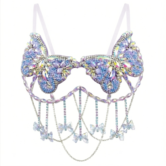 Beaded butterfly carnival bra with shimmering beads for festival showgirls