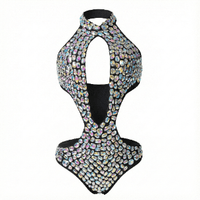 Sparkling black rhinestone teddy bodysuit with a sleek showgirl silhouette