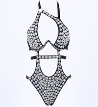 Sparkling black crystal teddy bodysuit with a sleek rave showgirl look
