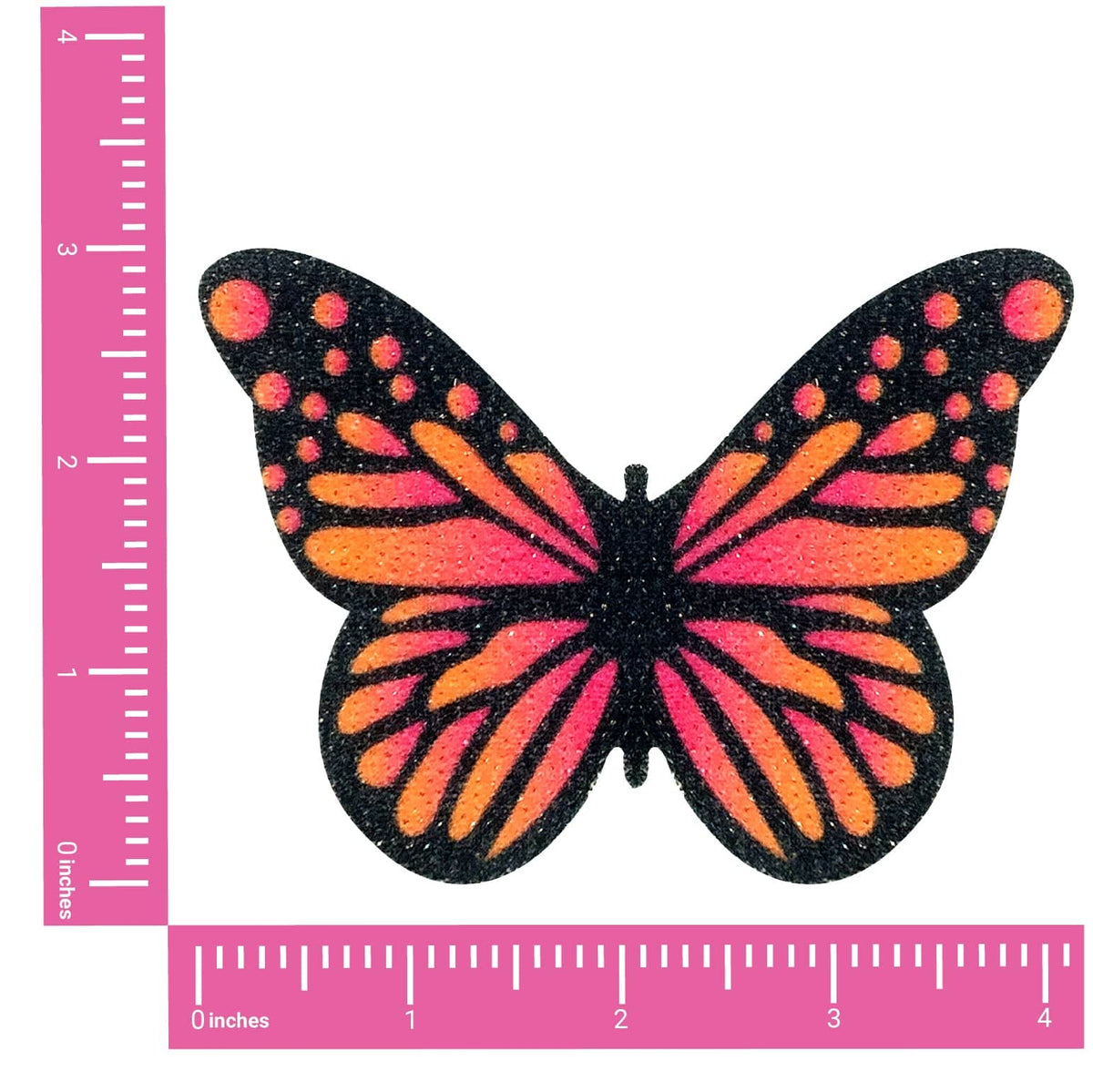 Front view of pink and orange ombre velvet glitter butterfly pasties with the full design visible