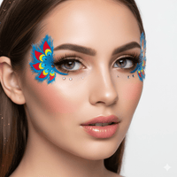 Blue peacock eye face sticker with jeweled feather details for Mardi Gras glam