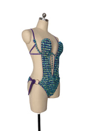 Peacock Royal Blue Green Crystal One Piece Bodysuit