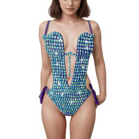 Blue and green crystal one piece bodysuit with shimmering peacock toned jewels
