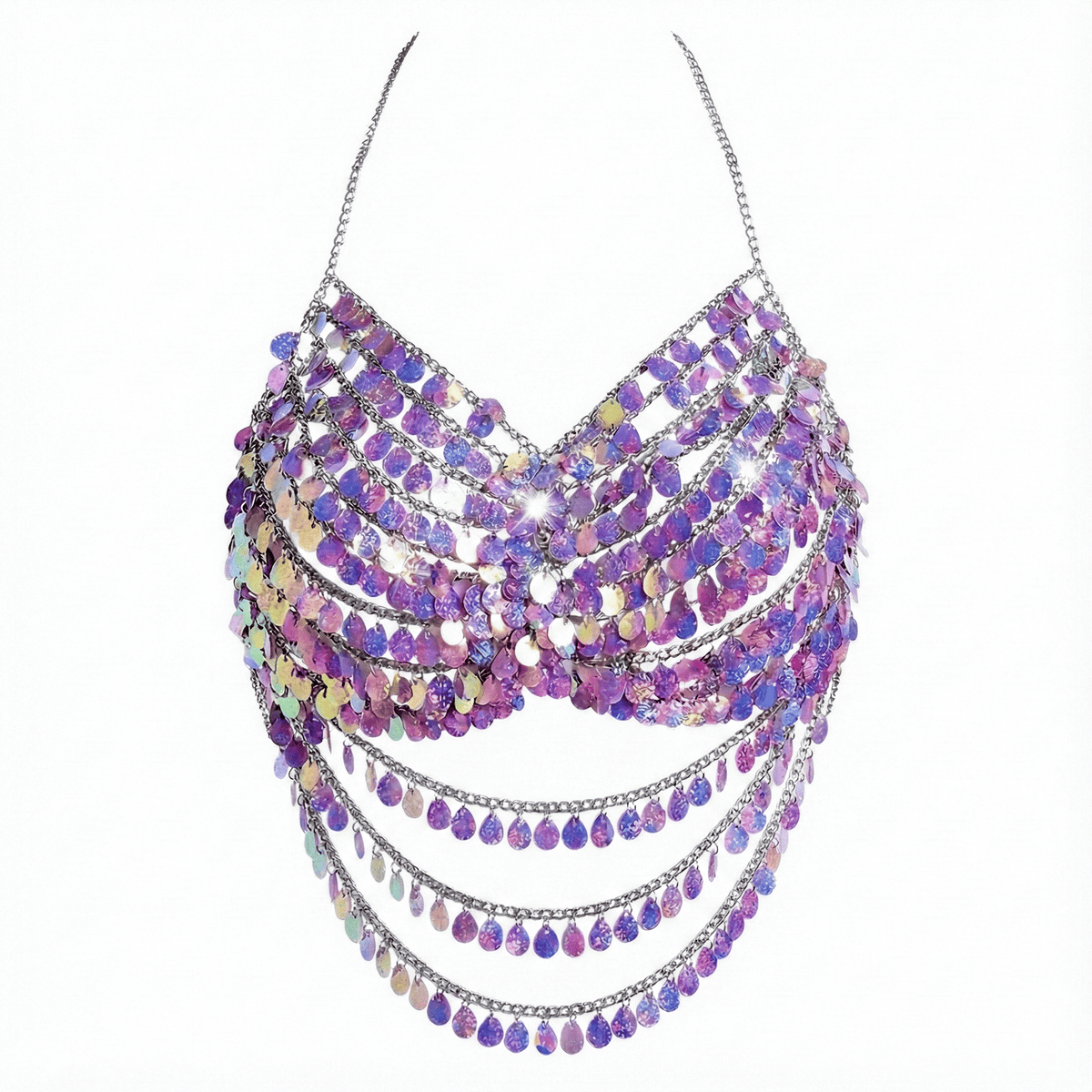 Purple holographic shell carnival top with shimmering siren inspired cups