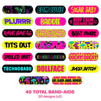 Bright rainbow colored rave party bandages with fun PLUR vibes graphics