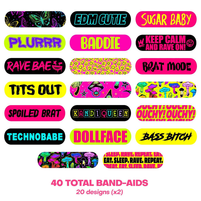 Bright rainbow colored rave party bandages with fun PLUR vibes graphics