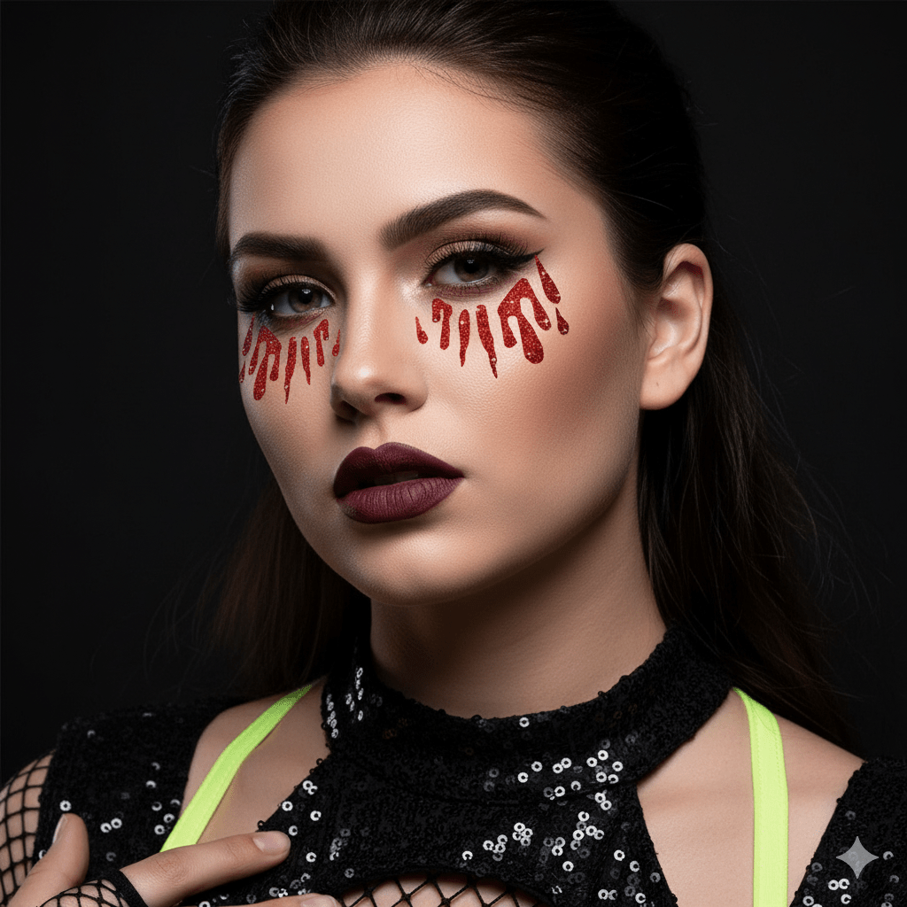 Red glitter blood tears face sticker, showing the color, finish and shape of the design