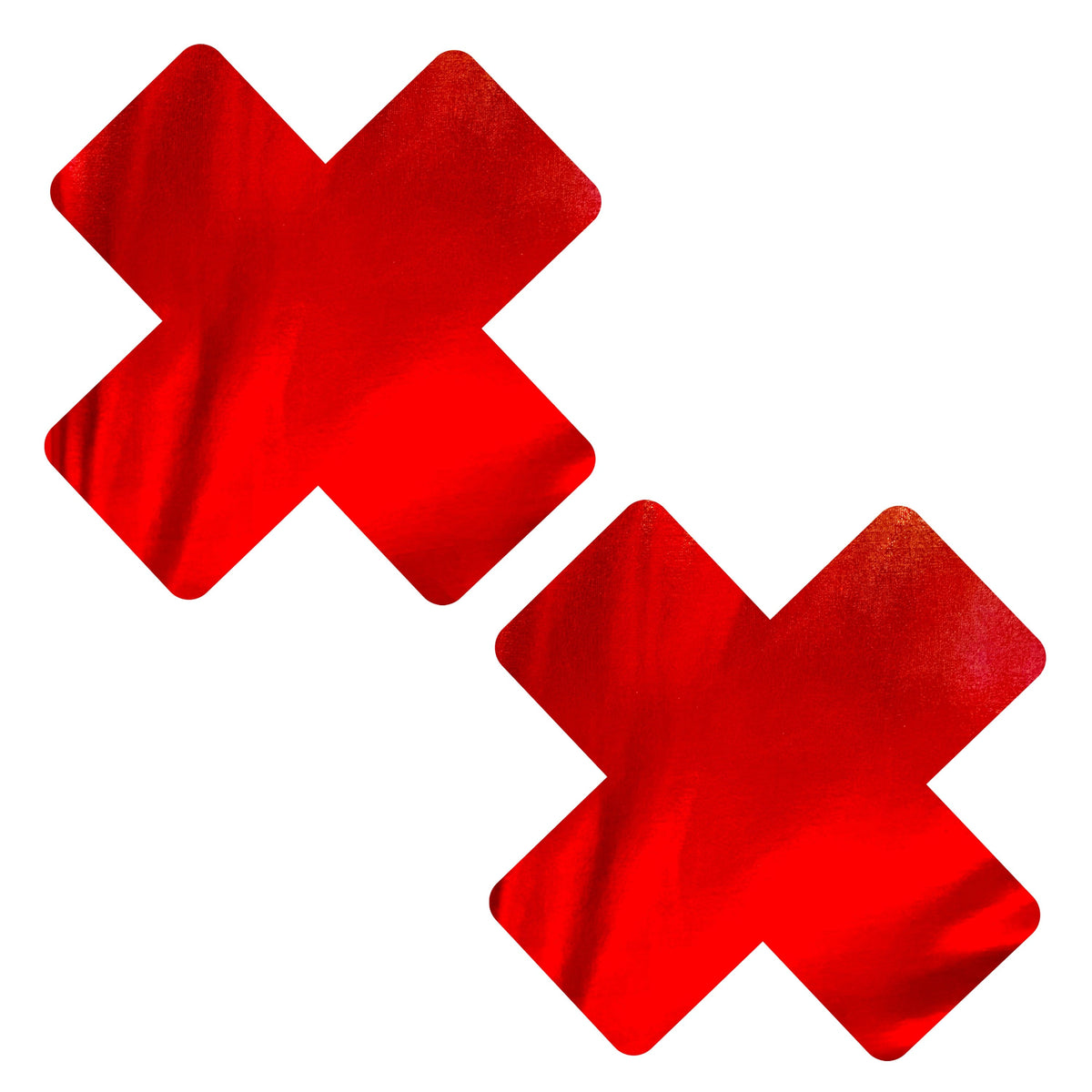 Red foil X nipple pasties with a glossy sheen for a bloody nurse costume