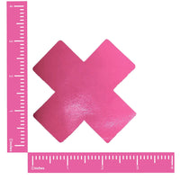 Neon pink glossy wet vinyl X shaped nipple pasties with a high shine patent finish