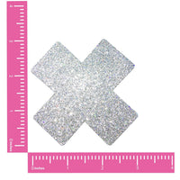 Silver Glitter X Nipple Pasties shown on their own with a sparkling glitter finish
