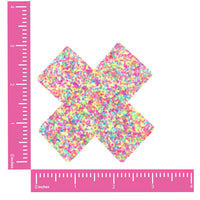 Pastel neon glitter X nipple pasties with candy colored sparkle that glows under UV
