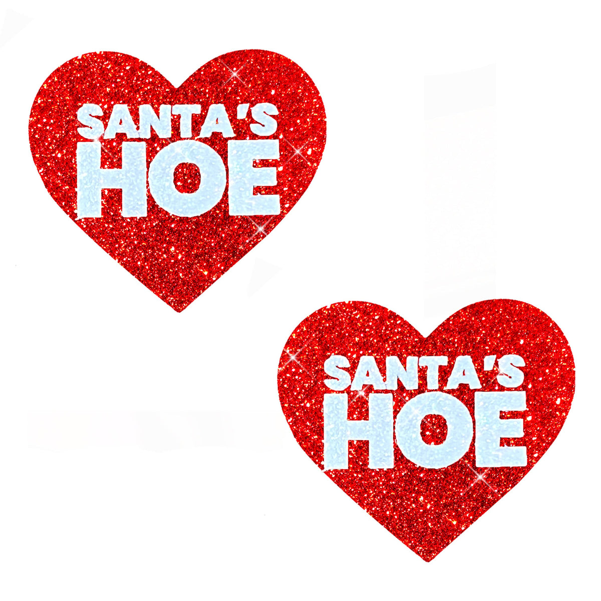 Red glitter blacklight heart nipple pasties with a naughty Santa Christmas design