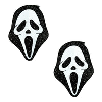 Black glitter nipple pasties featuring a white ghostly horror mask design