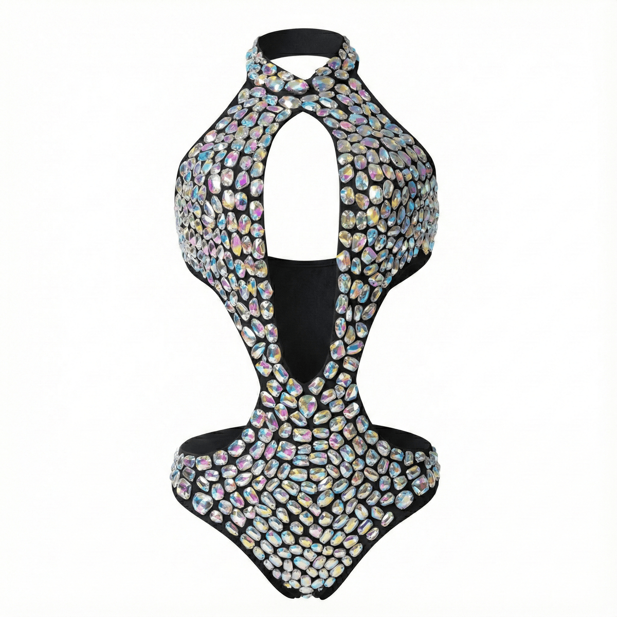 Black rhinestone embellished teddy bodysuit with sparkling crystal detail