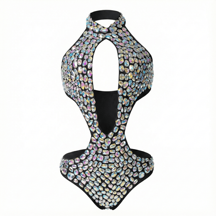 Black rhinestone embellished teddy bodysuit with sparkling crystal detail