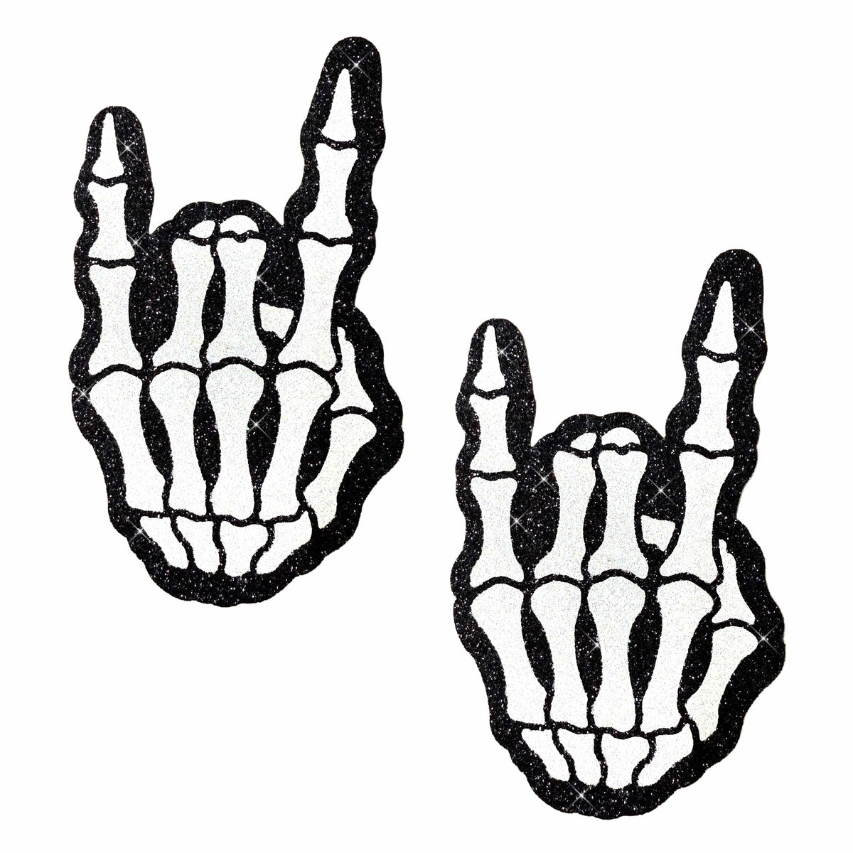 Black glitter skeleton hand nipple pasties with white bones for Halloween