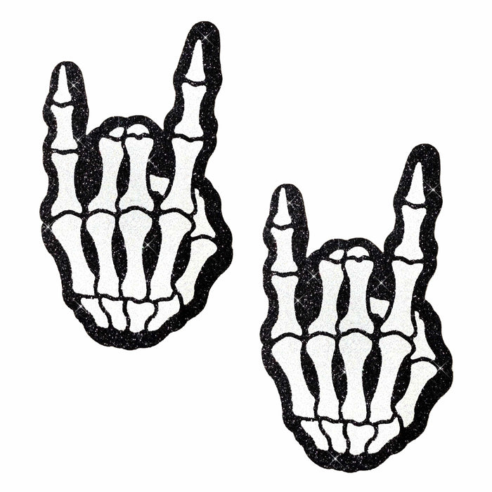 Black glitter skeleton hand nipple pasties with white bones for Halloween