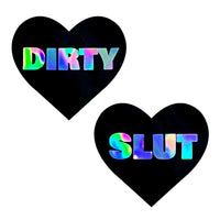 Black holographic heart nipple pasties with kinky lettering for a dom look