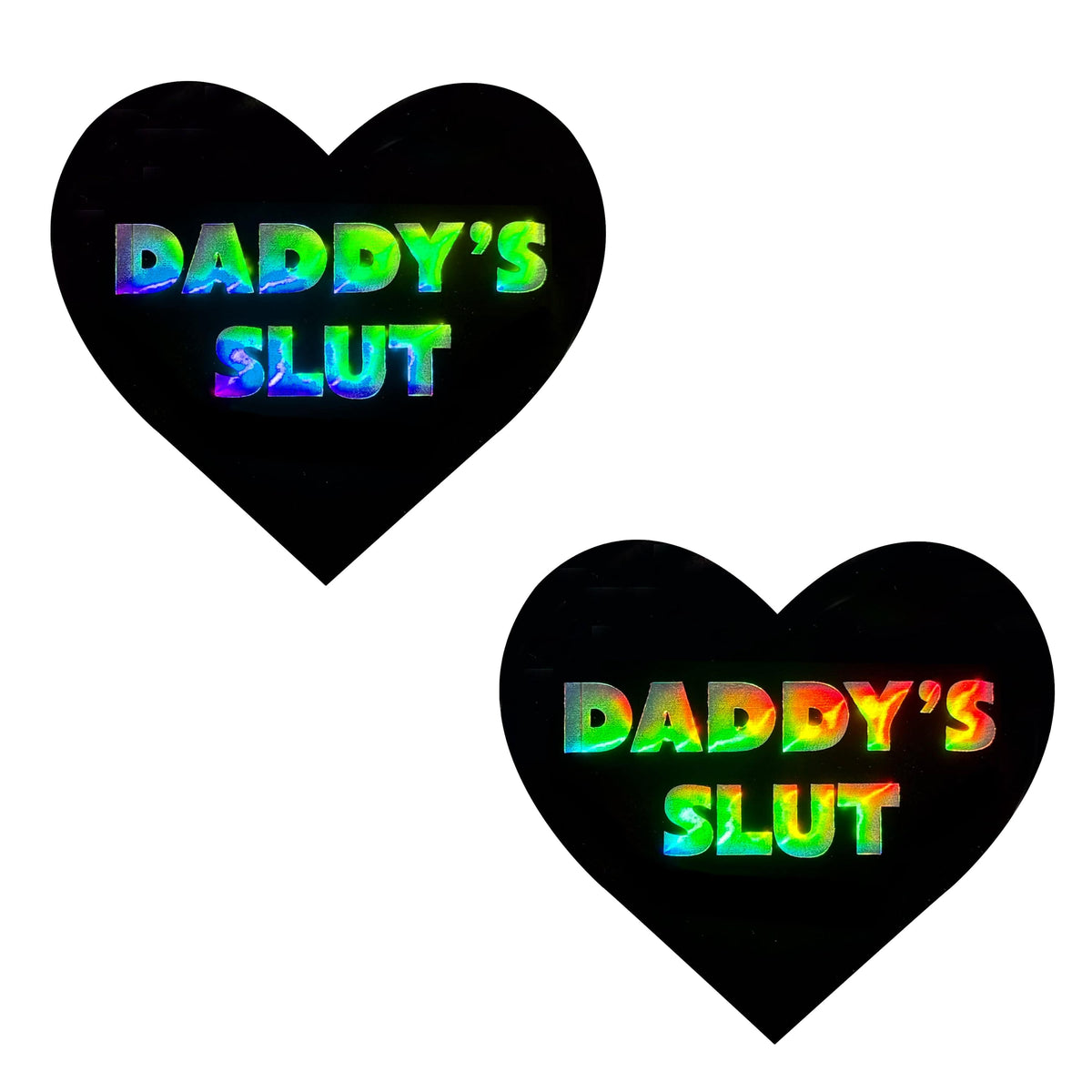 Black holographic I heart U nipple pasties with bold cheeky text for a dom look