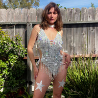 White sparkle mesh bodysuit covered in beads and stars for a showgirl night