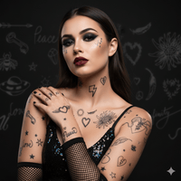 Black celestial mix large temporary tattoos for hands and arms laid out to show color and finish