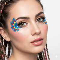Peacock feather wing face art sticker with blue and red jewels around the eyes