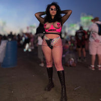 Pink glitter watermelon melty alien nipple pasties in full view with its signature color and shape