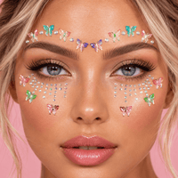 Iridescent butterfly crystal face jewels styled as a cute costume look on the face