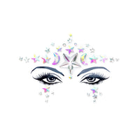 Iridescent moon and stars crystal jewel face sticker shown up close to highlight the finish