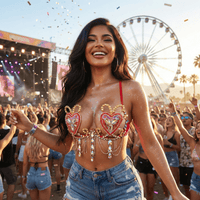 Jeweled red heart carnival bra rave top with rhinestone detailing for a sexy costume
