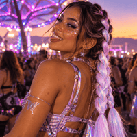 Glittering lavender iridescent tinsel jumbo hair braid worn over the shoulder at a festival