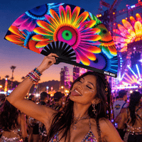 Neon carnival daisy blacklight folding fan shown up close to highlight the finish