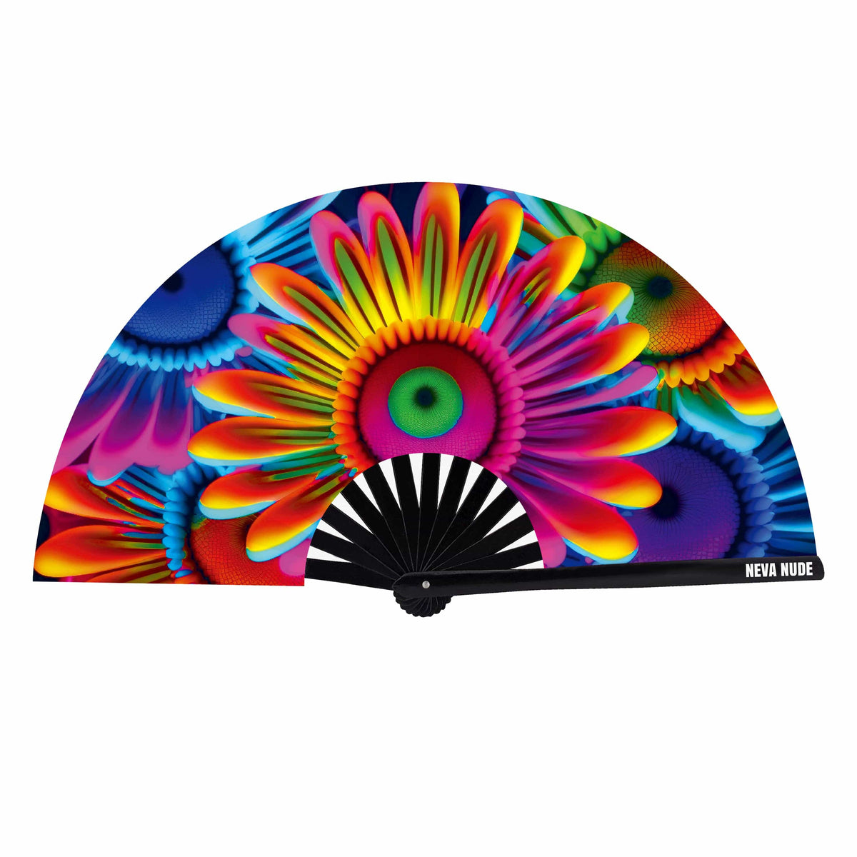 Neon carnival daisy blacklight folding fan, main product view showing the full design