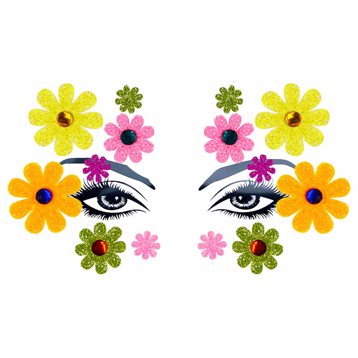 Neon glitter daisy face sticker with jewels in a styled product view