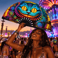 Neon grinning cat large blacklight folding fan shown up close to highlight the finish