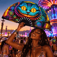 Neon grinning cat psychedelic folding fan held open in a joyful festival scene