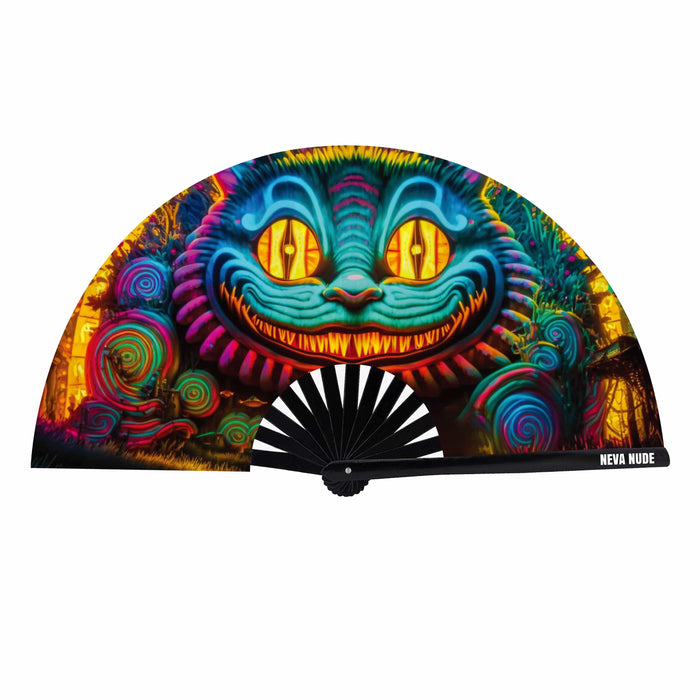 Neon grinning cat large blacklight folding fan, main product view showing the full design