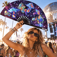 Neon mushroom blacklight reactive folding fan shown up close to highlight the finish