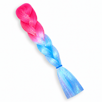 Neon pink and blue iridescent tinsel jumbo hair braid seen from an alternate angle