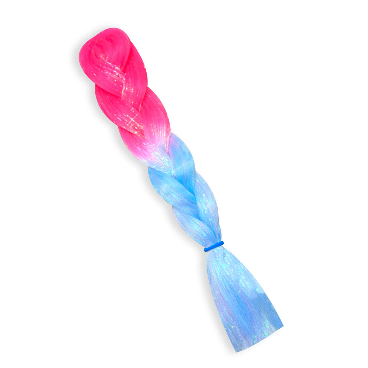 Neon pink and blue iridescent tinsel jumbo hair braid in a styled product view