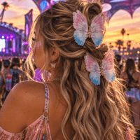 Pink and blue fabric large butterfly hair clip with glitter at a sunset festival