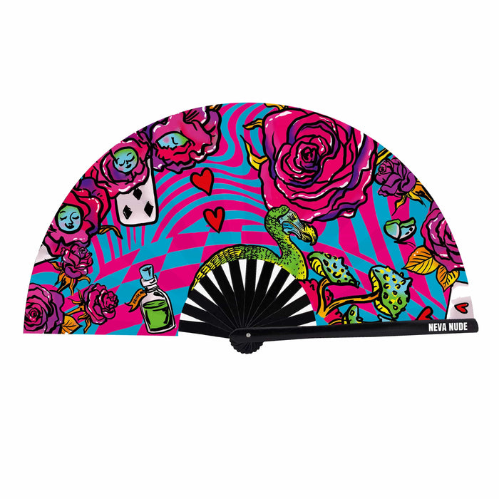 Pink playing card queen large blacklight folding fan, main product view showing the full design