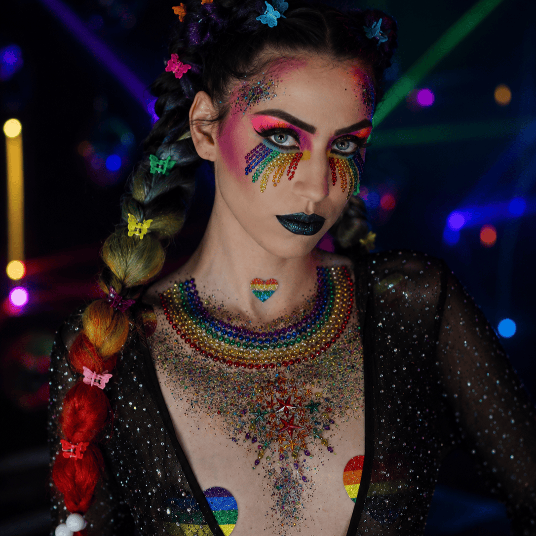 Front view of rainbow crystal and glitter pride bundle with the full design visible