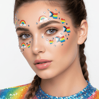 Sparkly rainbow pride face stickers in glitter for celebrating pride month