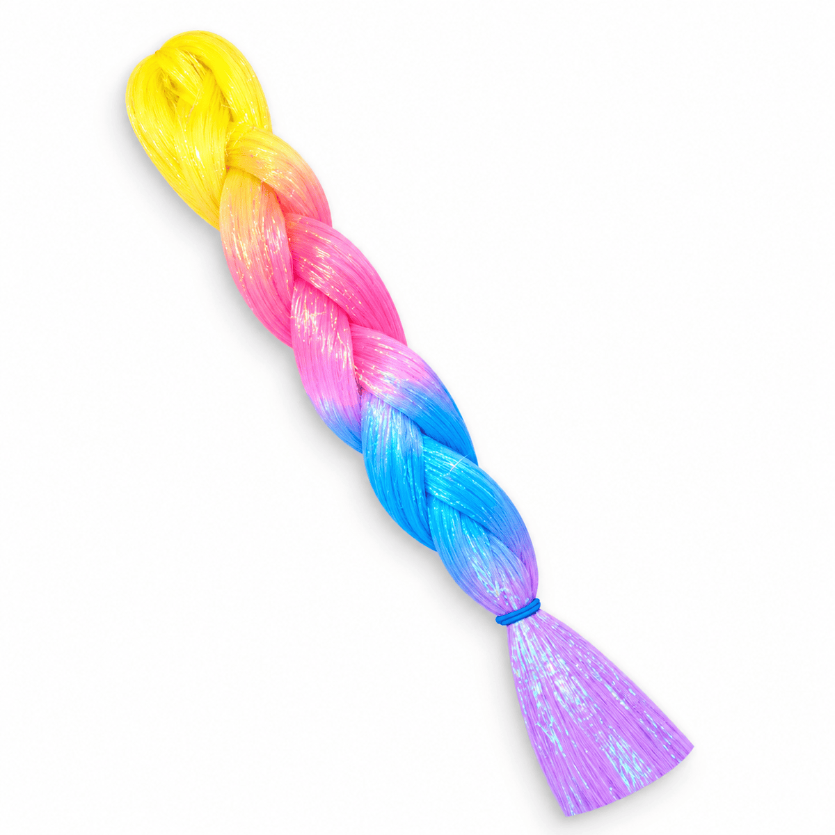 Rainbow multicolor tinsel jumbo hair braid, main product photo showing every color