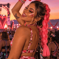 Red and pink jumbo hair braid in a playful pink sunset festival portrait