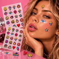 Detail view of colorful weird and wacky hydrocolloid acne pimple stickers showing the design