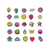 Up close color detail of colorful weird and wacky hydrocolloid acne pimple stickers